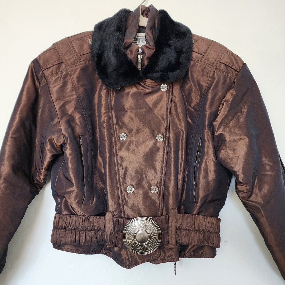 Vintage Fera Skiwear Women's 10 Bronze Metallic Faux Fur Belted Ski Jacket Retro